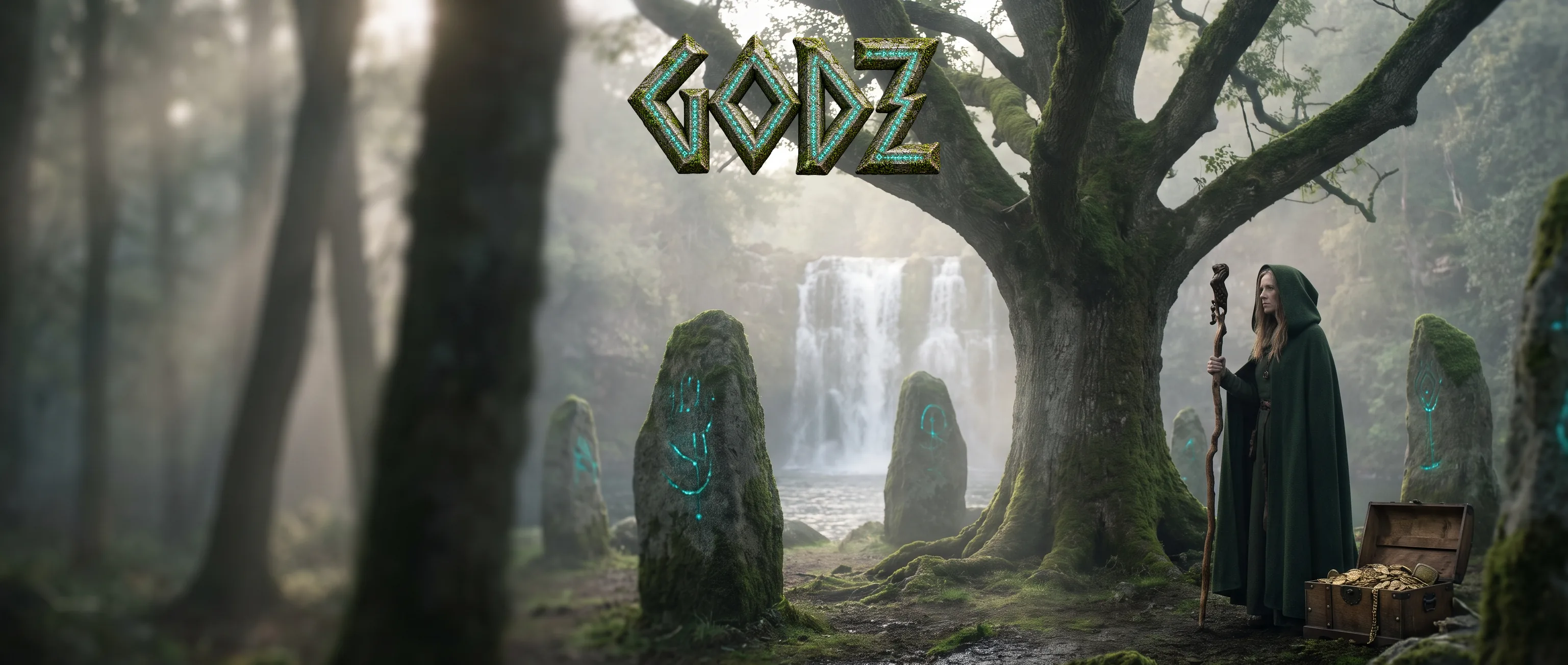 Godz Casino w lesie z kamiennymi runami i turkusowym światłem